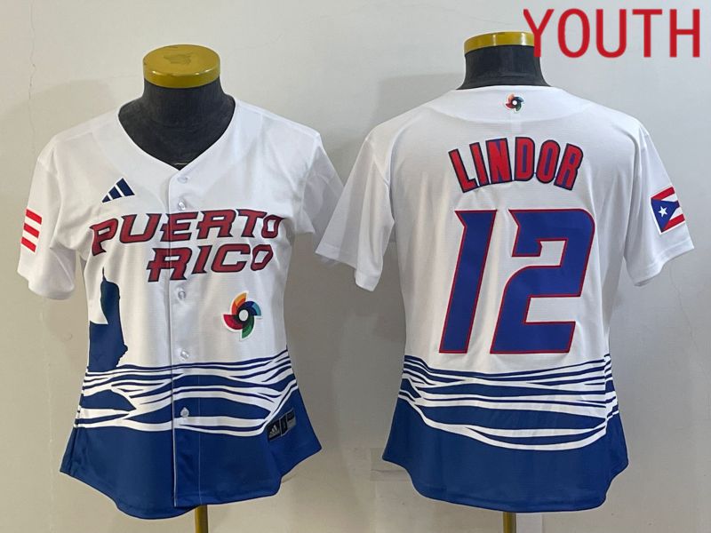 Youth 2023 World Cub Puerto Rico #12 Lindor White MLB Jersey2